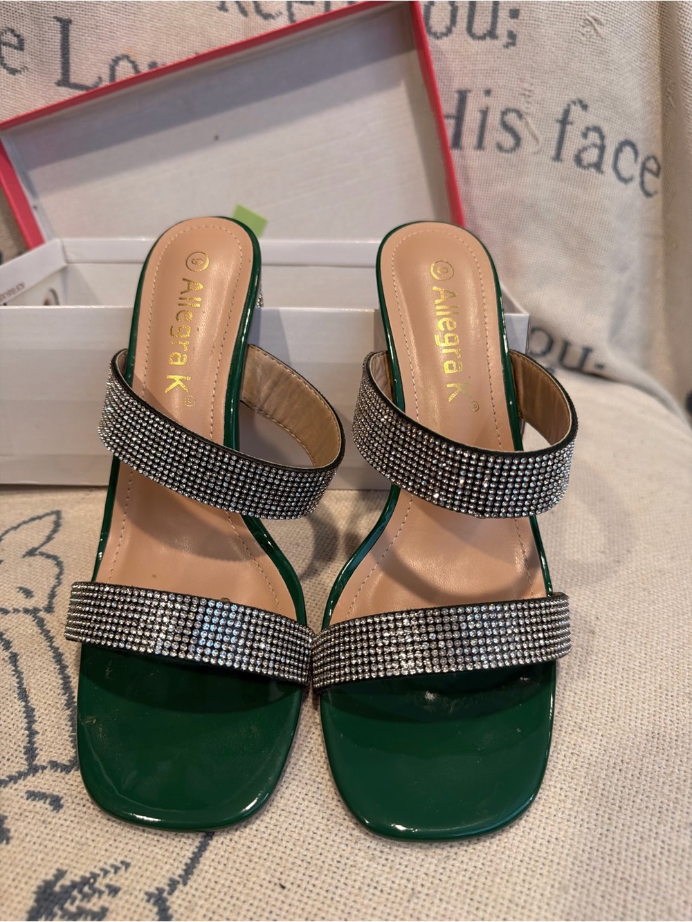 Allegra K Green Patent Slide Sandals with Crystal Straps